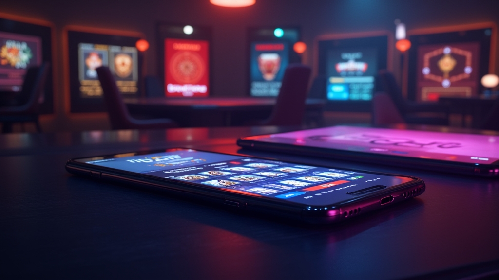 Mobiele apparaten met de Eskimo App in een donkere casino-ruimte